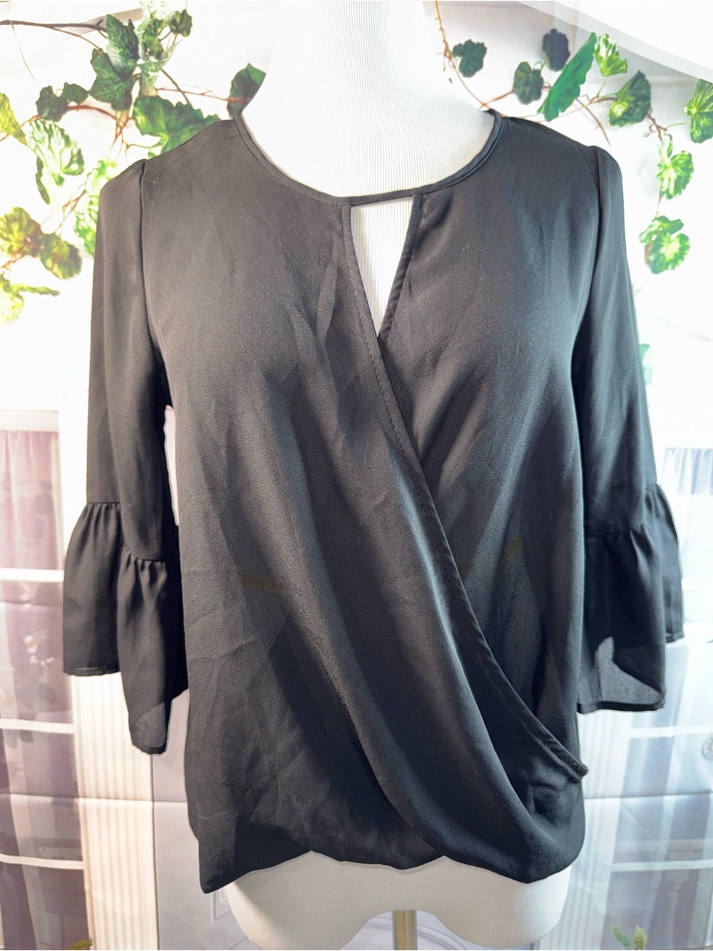 1108-Everly Black Wrap-Front Blouse with Ruffle 3/4 Sleeves